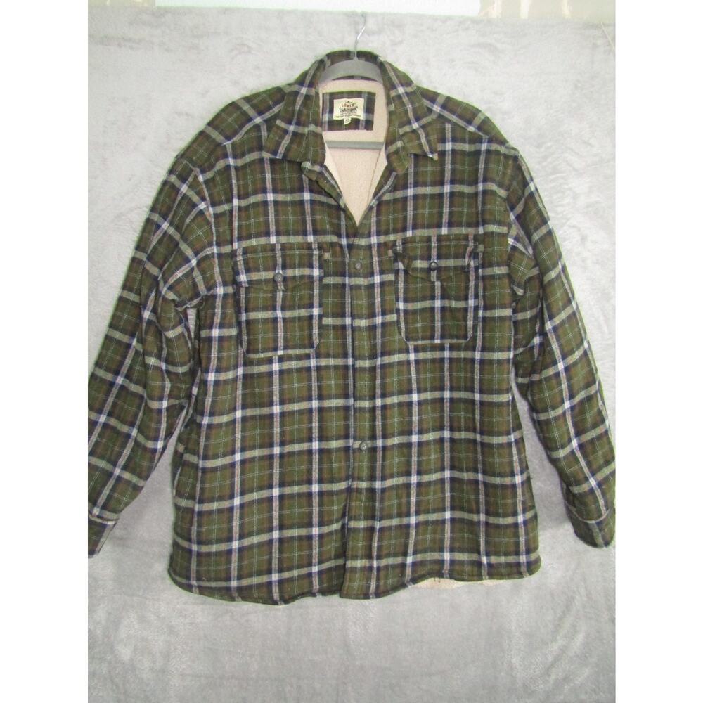 Levi’s Men’s XL Green‎ Plaid Sherpa Lined Flannel Shirt Jacket “Two Horse Brand”